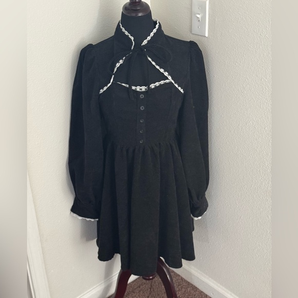 SHEIN Dresses & Skirts - 2 FOR $25 SHEIN Mod Corduroy Black Mini Dress Fit Flare Tie Neck Puff Sleeve M